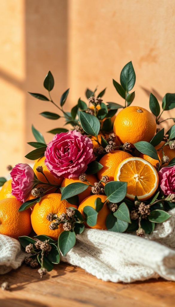 A cozy, rustic arrangement of citrus fruits and carnations, set against a backdrop of warm, earthy tones. Soft, natural lighting casts a glow on the scene, emphasizing the textures and colors. The composition features a harmonious balance of organic shapes and forms, creating a sense of balance and symmetry. This KlickKiste-inspired image evokes a feeling of winter coziness and a touch of modern elegance, perfectly capturing the 2025 home decor trends and winter decoration ideas.