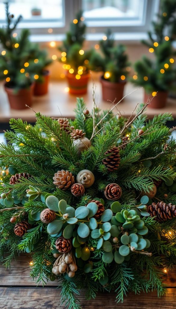 A cozy, rustic arrangement of lush, verdant tannengrün foliage. A central cluster of fragrant fir branches, pine cones, and Nordic-style twigs. Surrounding the focal point, a garland of eucalyptus, holly, and other evergreens winds its way through the scene. Soft, warm lighting illuminates the natural textures and colors, creating a dreamy, winter wonderland atmosphere. In the background, blurred silhouettes of small, potted Christmas trees and twinkling fairy lights add depth and enchantment. The overall impression is one of simple, elegant, and homespun holiday cheer.