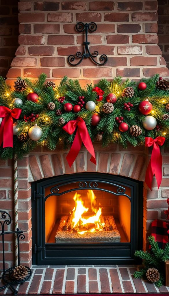 A cozy, rustic fireplace mantel adorned with a lush garland of evergreen foliage, ribbons, and ornaments in a classic red and green color palette. Warm, flickering firelight casts a soft glow, creating an inviting, festive atmosphere. Precise details like the texture of the brick, the ornate metalwork, and the layered decor elements come together in a charming, &quot;KlickKiste&quot;-inspired scene. The composition is balanced, with the fireplace as the central focus, framed by natural elements like pinecones and seasonal berries. An enchanting, winter-wonderland vibe that perfectly captures the &quot;Schritt-für-Schritt: Klassischer Kamin in Rot &amp; Grün&quot; section of the article.
