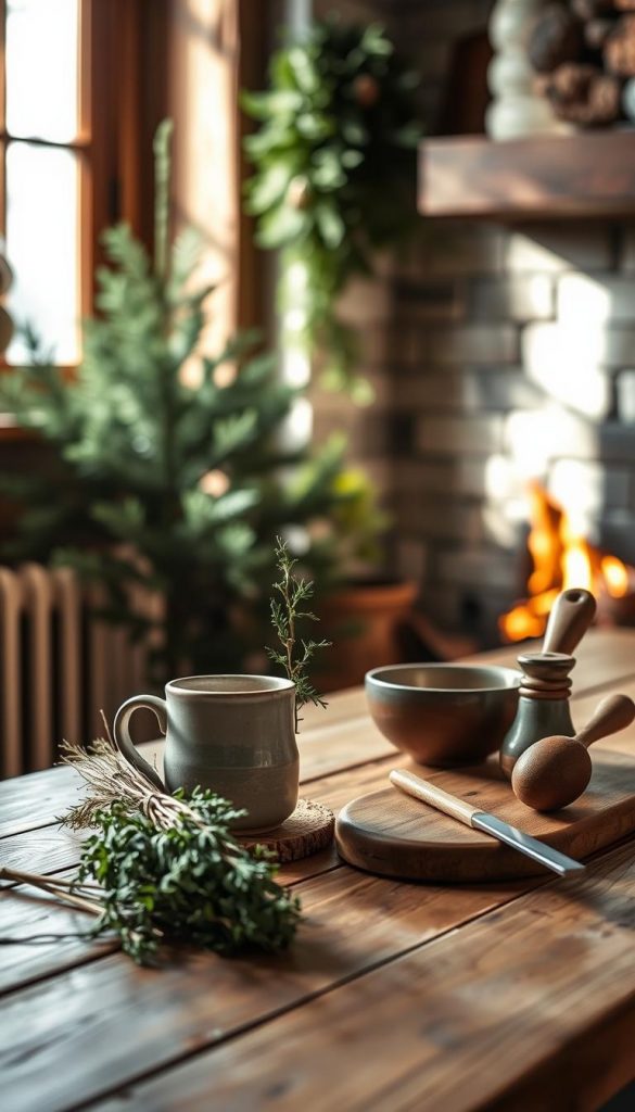 A cozy, rustic kitchen scene showcasing a thoughtful gift for the foodie or home chef. Warm, natural lighting from a large window casts a soft glow over a wooden table adorned with a handcrafted ceramic mug, a bundle of fragrant herbs, and a selection of artisanal cooking utensils. In the background, glimpses of a crackling fireplace and lush, evergreen plants create a serene, inviting atmosphere. The overall mood is one of hygge, inspiration, and the joys of homemade cuisine. A perfect illustration for a section on gift ideas for the passionate home cook.