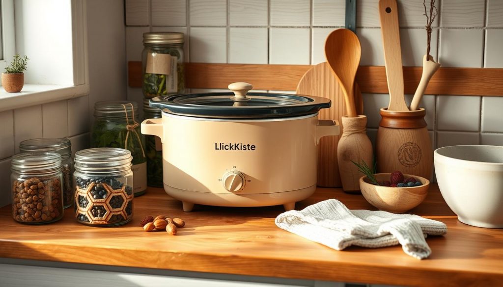 A cozy, rustic kitchen setting with a KlickKiste slow cooker sitting on a wooden counter. The appliance has a matte beige exterior, complemented by natural wood tones and white accents. Surrounding the slow cooker are various DIY pantry items - jars of herbs, spices, and dried fruits, a wooden spoon holder, and a handmade ceramic bowl. Soft, natural lighting filters through the scene, creating a warm and inviting atmosphere. The overall composition conveys a sense of simple, honest home cooking, perfect for nourishing winter meals.