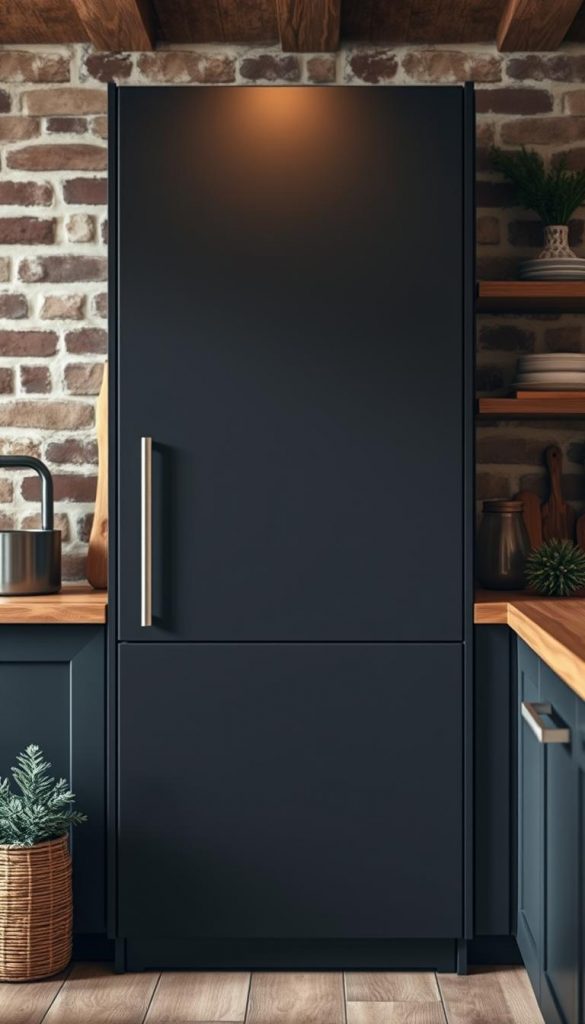A cozy, rustic kitchen space with a warm, winter-inspired atmosphere. The focal point is a sleek, matte black kitchen cabinet door featuring a high-quality KlickKiste foil wrap in a natural, textured pattern. Soft, diffused lighting casts a gentle glow, accentuating the depth and tactile quality of the material. The cabinet is positioned against a backdrop of exposed brick walls and wooden shelves, creating a harmonious, Pinterest-worthy scene. The overall mood is inviting and inspiring, perfect for a DIY home decor project. A cozy, rustic kitchen space with a warm, winter-inspired atmosphere. The focal point is a sleek, matte black kitchen cabinet door featuring a high-quality KlickKiste foil wrap in a natural, textured pattern. Soft, diffused lighting casts a gentle glow, accentuating the depth and tactile quality of the material. The cabinet is positioned against a backdrop of exposed brick walls and wooden shelves, creating a harmonious, Pinterest-worthy scene. The overall mood is inviting and inspiring, perfect for a DIY home decor project.