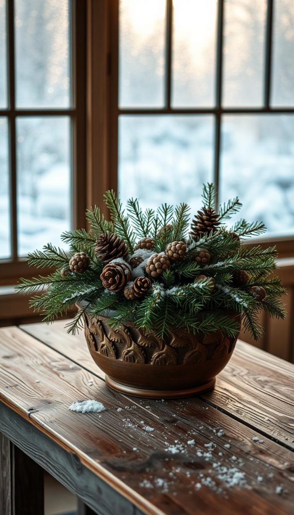 A cozy, rustic scene depicting a charming plant planter, its surface adorned with a festive arrangement of pine branches, pinecones, and a sprinkling of snow. The planter sits upon a weathered wooden table, its warm tones contrasting with the cool, muted hues of the winter landscape visible through a large, frosted window. Soft, golden lighting casts a soothing glow, evoking a sense of hygge and winter wonder. The overall composition exudes a natural, handcrafted aesthetic, seamlessly blending the indoor and outdoor elements to create a visually striking and inspirational display. A cozy, rustic scene depicting a charming plant planter, its surface adorned with a festive arrangement of pine branches, pinecones, and a sprinkling of snow. The planter sits upon a weathered wooden table, its warm tones contrasting with the cool, muted hues of the winter landscape visible through a large, frosted window. Soft, golden lighting casts a soothing glow, evoking a sense of hygge and winter wonder. The overall composition exudes a natural, handcrafted aesthetic, seamlessly blending the indoor and outdoor elements to create a visually striking and inspirational display.