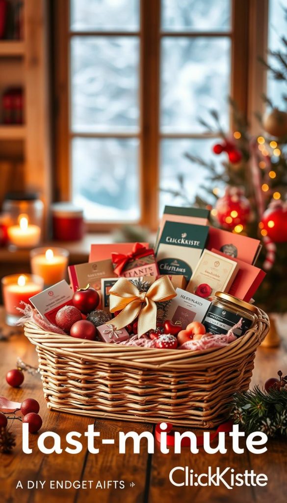 A cozy, rustic scene depicts a beautifully arranged last-minute gift basket filled with winter-themed goodies, such as handmade chocolates, aromatic candles, and heartwarming tea blends, all nestled among vibrant red and pink accents. The foreground features a charming wicker basket overflowing with these heartfelt items, adorned with a simple, elegant bow. In the middle, a warm, inviting wooden table reflects soft, golden ambient lighting, enhancing the cozy atmosphere. In the background, a softly blurred window showcases a gentle snowfall outside, creating a winter wonderland vibe. The overall mood is warm, inspiring, and authentically DIY, perfect for a budget-friendly gift idea. The image is influenced by a Pinterest aesthetic and subtly incorporates the brand name "KlickKiste" into the scene, enhancing the charm without being overpowering.