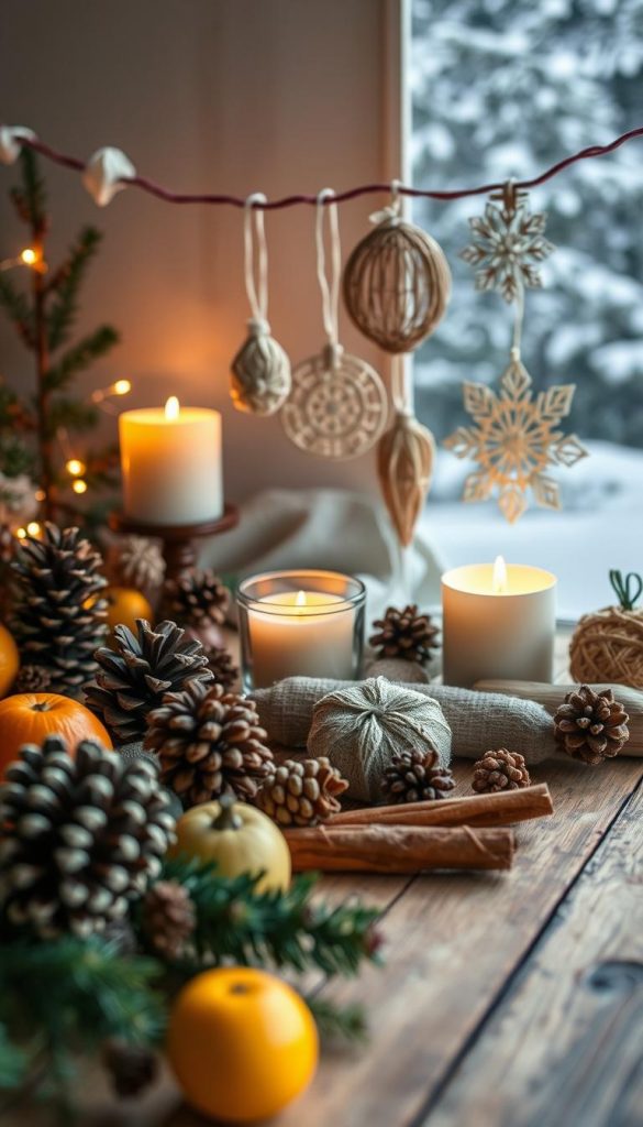 A cozy, rustic scene featuring an assortment of handcrafted Christmas decorations. In the foreground, a collection of natural, earthy elements like pinecones, dried oranges, and cinnamon sticks arranged artfully on a wooden surface. In the middle ground, a set of homemade candles, woven ornaments, and delicate paper snowflakes hang from a simple, minimalist garland. The background is softly blurred, hinting at a winter landscape with muted greens and whites. Warm, ambient lighting casts a cozy glow, creating a serene, inviting atmosphere. The overall aesthetic is natural, organic, and Pinterest-inspired, capturing the spirit of sustainable, DIY Christmas decor.