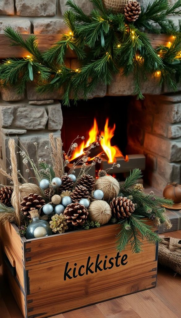 A cozy, rustic scene filled with natural textures and earthy tones, showcasing a collection of handmade decorations. In the foreground, a wooden crate labeled &quot;KlickKiste&quot; overflows with pinecones, dried flowers, and twine-wrapped glass ornaments. Delicate garlands of greenery cascade from the mantel, casting a warm, inviting glow. The background features a stone fireplace, its crackling fire casting a soft, flickering light. The overall atmosphere is one of winter charm and homespun elegance, inviting the viewer to imagine a cozy, Scandinavian-inspired holiday setting.