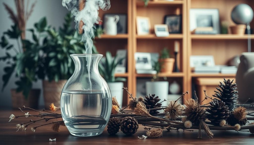 A cozy, rustic scene of a DIY indoor humidifier made with a KlickKiste. In the foreground, an elegant glass container filled with water, steam gently rising. Beside it, an array of natural elements - dried flowers, twigs, and pinecones - creating a charming, earthy arrangement. The middle ground features potted plants, their lush foliage contrasting with the dry, heated air. In the background, a warm, wooden bookshelf holds decorative items and personal touches, evoking a sense of hygge. Soft, diffused lighting casts a gentle glow, enhancing the natural textures and colors. This scene captures the essence of combating dry, wintertime air with a simple, homemade solution that blends seamlessly into the surrounding decor.