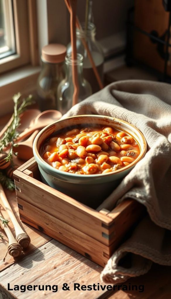 A cozy, rustic scene of bean stew storage in a KlickKiste wooden crate. Soft natural lighting illuminates the hearty, winter-warmed dish, steaming gently. The crate is nestled among dried herbs, wooden spoons, and a worn, earth-toned kitchen towel, evoking a sense of homely comfort and DIY charm. The composition has a warm, inviting color palette and a Pinterest-inspired, authentic aesthetic. The focus is on the crate's simple, functional storage of the nourishing eintopf, capturing the essence of the &quot;Lagerung, Aufwärmen &amp; Resteverwertung&quot; section.