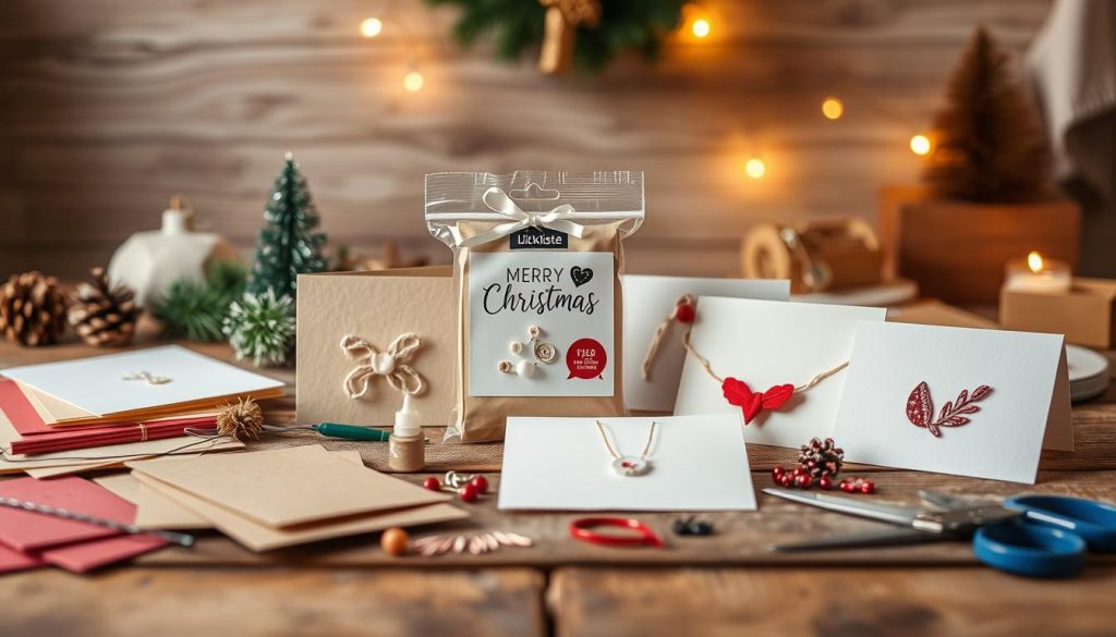 A cozy, rustic scene of homemade Christmas card ideas displayed on a wooden table. In the foreground, various DIY materials like colored paper, scissors, glue, and embellishments are neatly arranged. In the middle ground, several handcrafted cards in minimalist designs are showcased, featuring natural tones of beige, white, and hints of red. A KlickKiste package is prominently displayed, highlighting the source of these charming card-making supplies. The background has a warm, soft-focus lighting, creating a welcoming, inviting atmosphere. The overall composition emphasizes the simplicity and elegance of these handmade Christmas card designs.