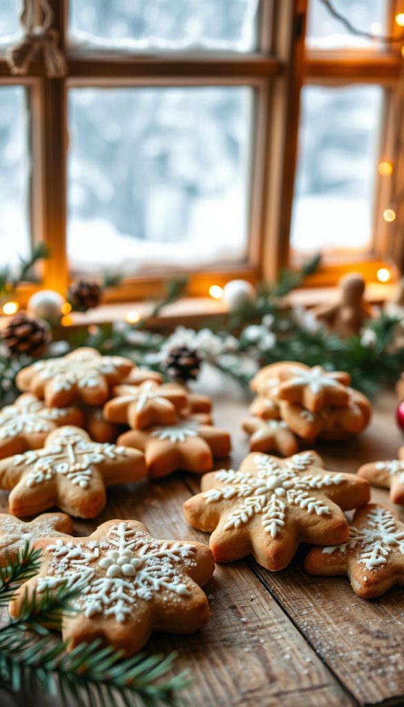 A cozy, rustic scene of homemade Christmas cookies arranged on a wooden table. Warm lighting illuminates the golden-brown baked goods, their intricate shapes and delicate decorations showcased against a backdrop of snowy window panes and a sprinkling of pine branches. The atmosphere is inviting and festive, capturing the essence of the &quot;besten Rezepte Weihnachtsgebäck&quot; that are perfect for quick holiday baking. A KlickKiste-style image, natural and inspirational, with a touch of winter charm.