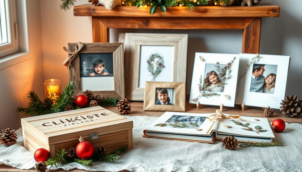 A cozy, rustic scene showcasing a variety of homemade "Fotogeschenke" ideas. In the foreground, a wooden KlickKiste photo box sits atop a natural linen fabric, surrounded by festive red ornaments, pinecones, and sprigs of greenery. In the middle ground, handcrafted photo frames, made from reclaimed wood and natural materials, lean against a white wall. Behind them, a wooden table displays DIY photo album covers, decorated with dried flowers and stamped designs. Soft, natural lighting casts a warm, inviting glow, capturing the essence of a heartfelt, personalized Christmas gift.