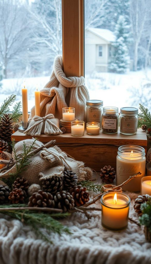 A cozy, rustic scene showcasing a variety of sustainable Christmas gifts handmade with care. In the foreground, an array of natural materials like pinecones, twigs, and burlap are arranged artfully, complemented by the warm glow of candles. In the middle ground, a wooden surface displays an assortment of homemade items like knitted scarves, scented soy wax candles, and repurposed glass jars filled with homemade treats. The background features a serene winter landscape, with soft snowfall and a hint of greenery peeking through. The overall atmosphere is one of coziness, simplicity, and eco-friendly holiday spirit, captured through natural lighting and a muted, earthy color palette.
