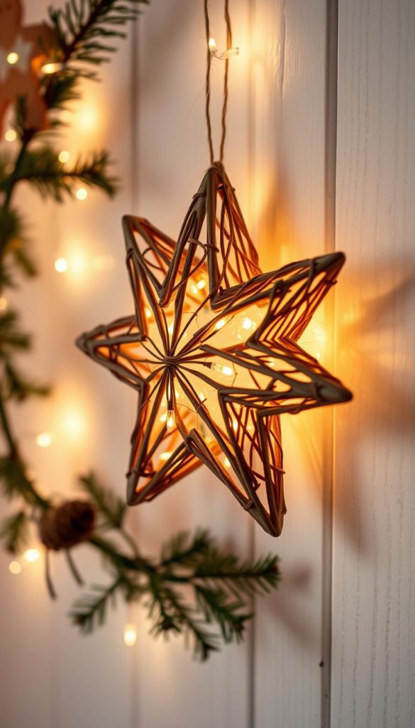 A cozy, rustic star-shaped ornament, crafted from natural materials, hangs gracefully against a softly lit, whitewashed wall. The star's textured surface reflects the warm glow of twinkling fairy lights, casting a serene, winter-inspired ambiance throughout the space. Delicate sprigs of evergreen and subtle touches of gingerbread-inspired hues add depth and charm to the composition, evoking a sense of hygge and seasonal wonder. The scene is captured in a natural, soft-focus lens, with a slightly elevated perspective to emphasize the inviting, Pinterest-worthy aesthetic.