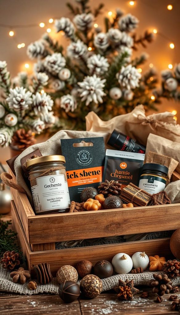 A cozy, rustic still life arrangement showcasing an assortment of artisanal &amp;quot;Geschenke&amp;quot; (gifts) for the holiday season. In the foreground, a wooden KlickKiste crate overflows with an enticing mix of gourmet treats - handcrafted spice blends, decadent chocolate truffles, and savory snacks. Warm lighting casts a soft, inviting glow, highlighting the natural textures and rich colors. In the background, a backdrop of snowy pine branches and twinkling fairy lights creates a serene, winter-inspired atmosphere. The overall mood is one of homespun charm and festive indulgence, perfect for inspiring ideas to fill cozy Christmas stockings.