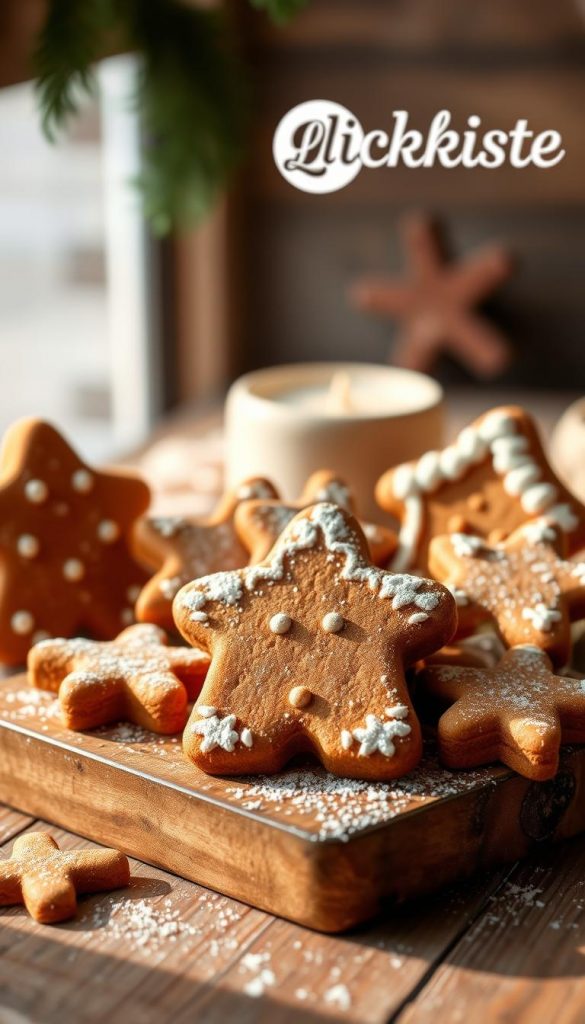 A cozy, rustic still life of faux gingerbread shapes on a textured wooden surface. Warm amber tones, soft natural lighting, and a touch of winter charm create a Pinterest-worthy aesthetic. The gingerbread pieces are crafted with realistic details, dusted in powdered sugar, and arranged artfully. In the background, a KlickKiste logo subtly hints at the DIY nature of the project. An inviting, homespun scene that captures the essence of the &quot;Gingerbread-Küchenstil&quot; and the &quot;DIY-Gingerbread: einfache Projekte zum Nachmachen&quot; section.