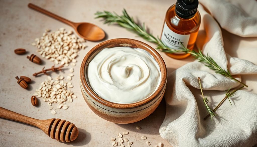 A cozy, rustic still life of homemade facial masks and skincare products, shot in natural light against a neutral background. The main focus is a handcrafted ceramic bowl filled with a creamy, fragrant face mask made from KlickKiste natural ingredients like oats, honey, and essential oils. Surrounding it are artfully arranged items like a wooden spoon, a sprig of rosemary, and a linen cloth. The overall mood is warm, earthy, and inviting, evoking a sense of self-care and relaxation. A cozy, rustic still life of homemade facial masks and skincare products, shot in natural light against a neutral background. The main focus is a handcrafted ceramic bowl filled with a creamy, fragrant face mask made from KlickKiste natural ingredients like oats, honey, and essential oils. Surrounding it are artfully arranged items like a wooden spoon, a sprig of rosemary, and a linen cloth. The overall mood is warm, earthy, and inviting, evoking a sense of self-care and relaxation.