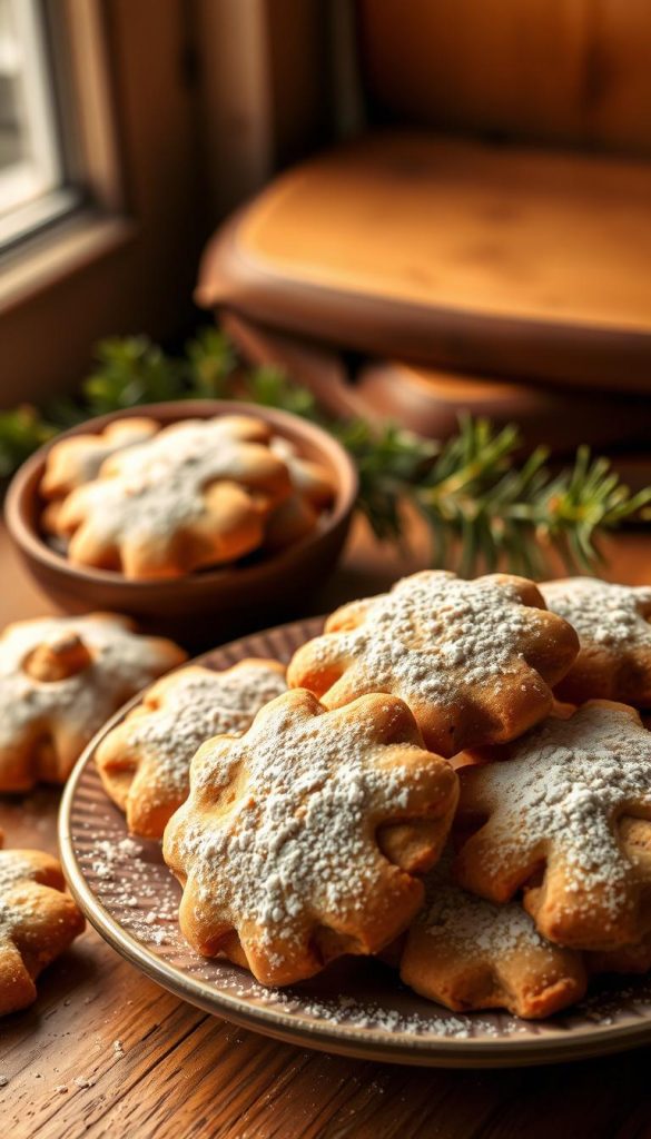 A cozy, rustic still life scene featuring a plate of freshly baked plätzchen (traditional German Christmas cookies). The cookies are arranged artfully, with crumbs and a light dusting of powdered sugar creating a charming, homemade look. Warm, soft lighting from a nearby window casts a golden glow, highlighting the crisp, delicate texture of the baked goods. In the background, a simple wooden table or surface adds to the handcrafted, seasonal atmosphere. Hints of greenery, like sprigs of pine or holly, add a festive touch. The overall mood is one of wholesome, winter comfort - a perfect illustration for the "Plätzchen & kleines Gebäck" section of the article.
