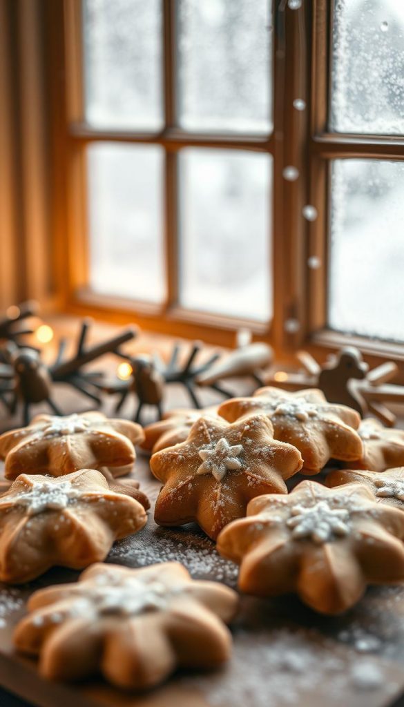 A cozy, rustic still life showcasing classic Christmas cookies on a wooden table. Soft, warm lighting illuminates the delicate, golden-brown treats, their decorations sparkling with a touch of festive shimmer. In the background, a gentle snowfall drifts through a frosty windowpane, creating a serene, winter-wonderland atmosphere. The overall composition has a natural, homemade feel, capturing the timeless charm and comforting nostalgia of traditional holiday baking. Crisp, high-resolution details bring the scene to life, inviting the viewer to imagine the rich, buttery aroma and the satisfying crunch of these beloved &quot;Klassiker&quot; cookies.