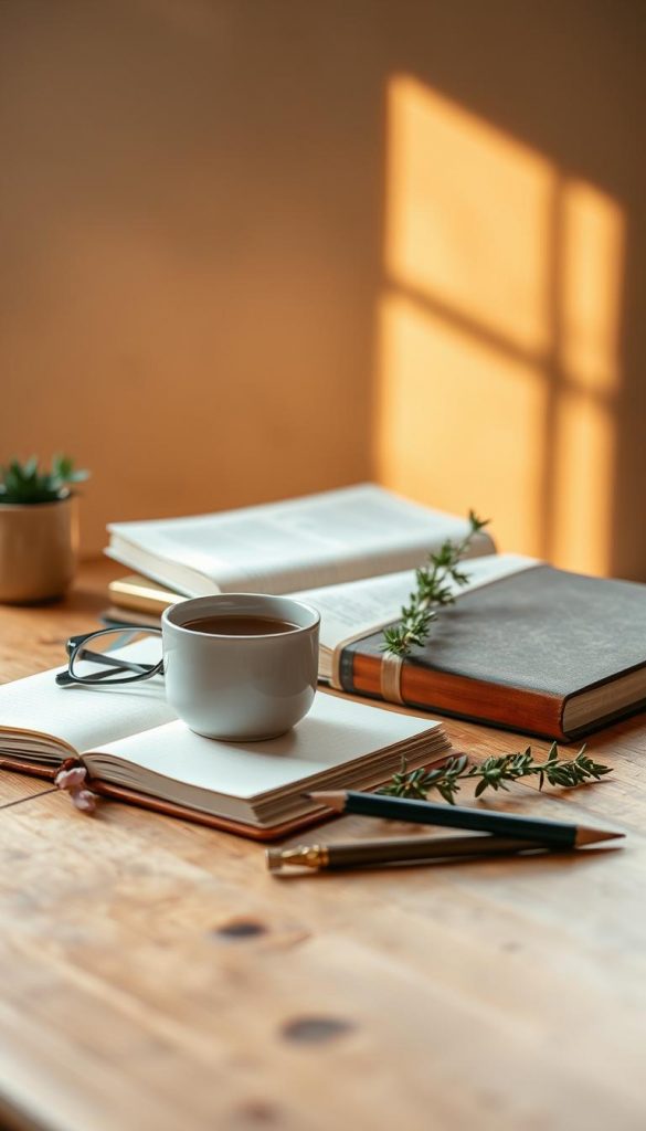 A cozy, rustic still life showcasing everyday habits and routines. A wooden table or surface in the foreground, with various small objects arranged - a mug of hot coffee, a journal, a pair of reading glasses, a pencil, and a sprig of greenery. Warm, natural lighting casts a soft glow, accentuating the textures and colors. In the background, a neutral, muted wall or window, letting the focus remain on the simple, grounding items. The overall mood is one of mindfulness, simplicity, and quiet productivity. Photographed with a KlickKiste aesthetic - clean, authentic, and inspirational.