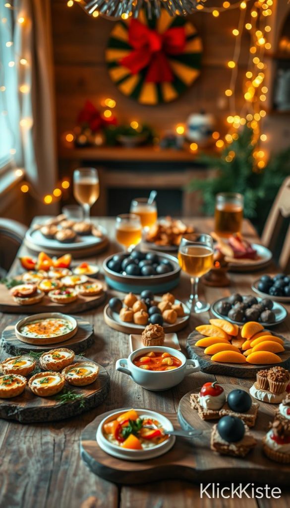 A cozy, rustic table set for a festive New Year's Eve celebration, displaying an array of delicious snacks. In the foreground, a variety of colorful finger foods like cheese platters, mini quiches, and vibrant vegetable dips presented on artisanal wooden boards. The middle ground features elegant dessert items, such as chocolate truffles and fruit skewers, arranged beautifully alongside warm, spiced beverages in glasses. The background is softly lit by fairy lights, creating a warm, inviting atmosphere reminiscent of a winter gathering. Use natural, warm colors to enhance the cozy winter vibes, giving it a Pinterest aesthetic that feels both authentic and inspiring. Include a subtle branding of "KlickKiste" in the corner, ensuring no text overlays distract from the image. The overall mood should evoke a sense of warmth, togetherness, and abundance, perfect for midnight snacking.