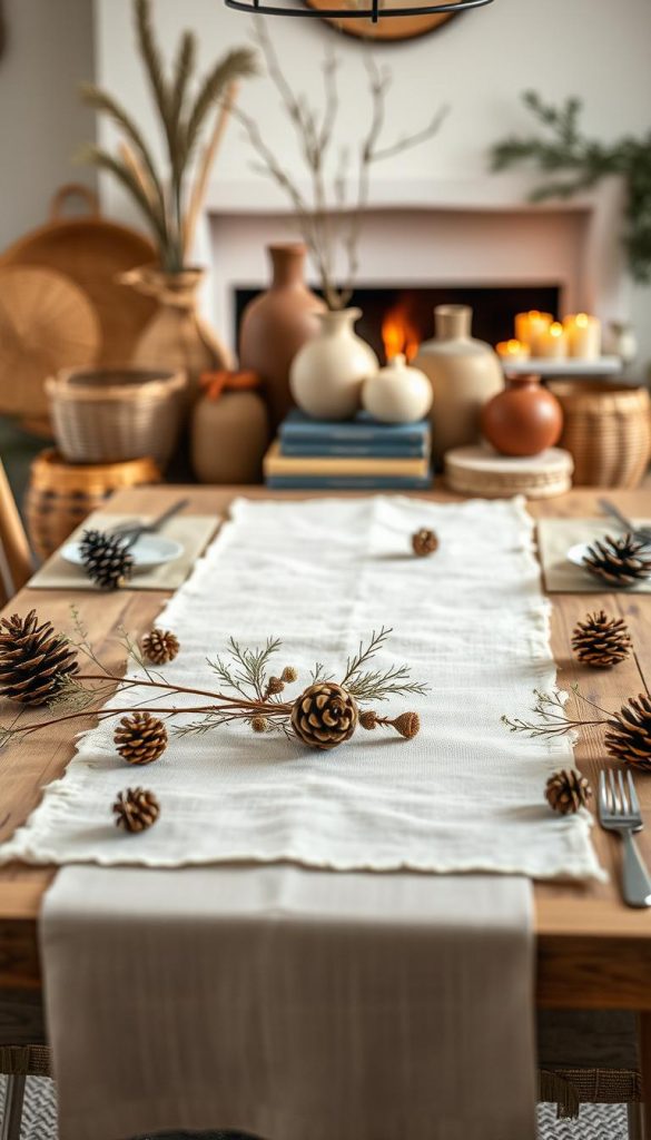 A cozy, rustic table setting with a natural, handmade feel. In the foreground, a wooden tabletop adorned with a simple linen runner, scattered pine cones, and delicate floral sprigs. In the middle ground, a grouping of natural elements like woven baskets, earthenware vases, and stacked books creates a layered, inviting display. The background features soft, warm lighting, perhaps from a fireplace or candles, casting a peaceful, winter-inspired ambiance. The overall mood is one of calm, functional elegance, elevating the everyday with a touch of Pinterest-worthy charm. A cozy, rustic table setting with a natural, handmade feel. In the foreground, a wooden tabletop adorned with a simple linen runner, scattered pine cones, and delicate floral sprigs. In the middle ground, a grouping of natural elements like woven baskets, earthenware vases, and stacked books creates a layered, inviting display. The background features soft, warm lighting, perhaps from a fireplace or candles, casting a peaceful, winter-inspired ambiance. The overall mood is one of calm, functional elegance, elevating the everyday with a touch of Pinterest-worthy charm.