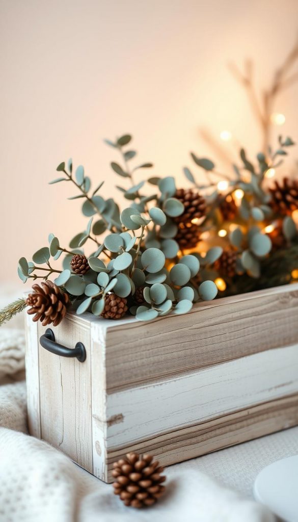 A cozy, rustic übertopf in a classic Scandinavian style, adorned with a festive winter arrangement. The planter is crafted from weathered wood, complemented by a crisp white painted finish. Delicate eucalyptus leaves and pinecones peek out, creating a natural, earthy vibe. Warm, soft lighting casts a gentle glow, evoking a sense of hygge. The composition is carefully balanced, with the übertopf taking center stage against a backdrop of muted, comforting colors. This KlickKiste-branded image exudes a Pinterest-worthy, authentic aesthetic that will inspire readers to create their own winter-themed plant displays.
