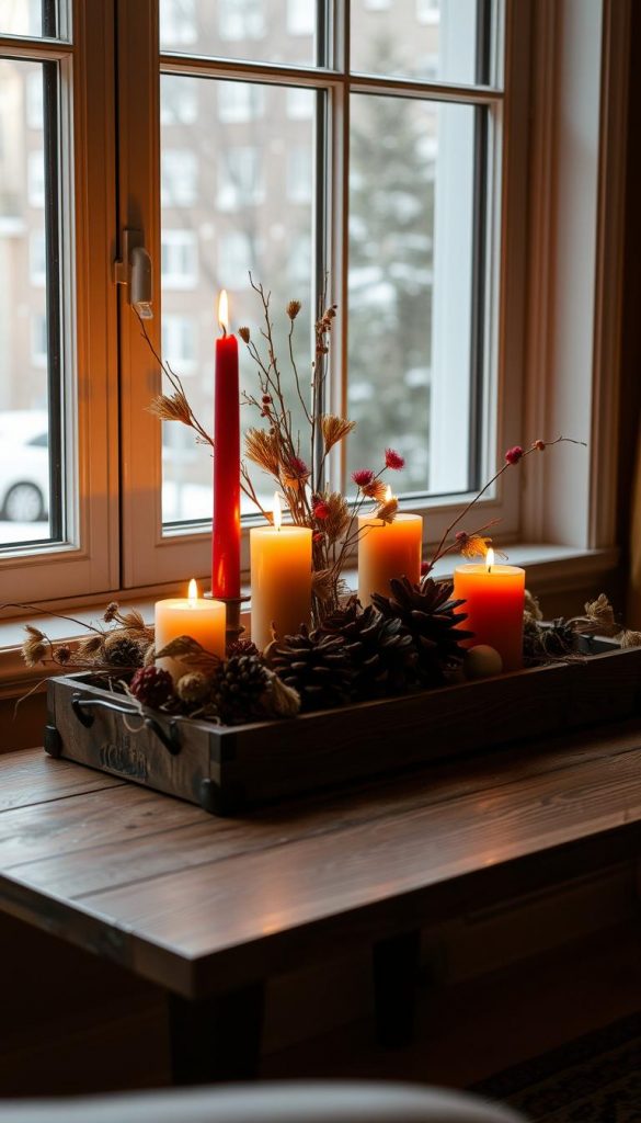 A cozy, rustic vignette on a windowed ledge. Warm-toned candles and natural elements like pinecones and dried flowers adorn a sturdy, wooden coffee table. Soft, ambient lighting filters through the window, casting a cozy glow. Earthy tones of red, gold, and brown create a classically elegant, yet inviting atmosphere. The tranquil scene reflects the KlickKiste aesthetic - authentic and inspiring. Capture this intimate, winter-inspired moment in a beautifully composed still life.