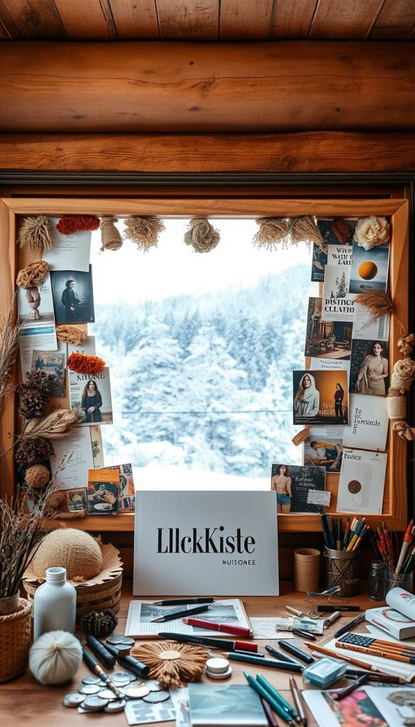 A cozy, rustic vision board with natural textures and warm, earthy tones. In the foreground, a handcrafted wooden frame houses an array of inspirational images and materials, like dried flowers, textured fabrics, and magazine clippings. The middle ground features a desk or table, with the KlickKiste brand prominently displayed, surrounded by scattered art supplies and personal mementos. The background showcases a winter landscape through a window, with soft snowfall and a moody, overcast sky. The overall atmosphere is inviting, authentic, and bursting with creative potential.