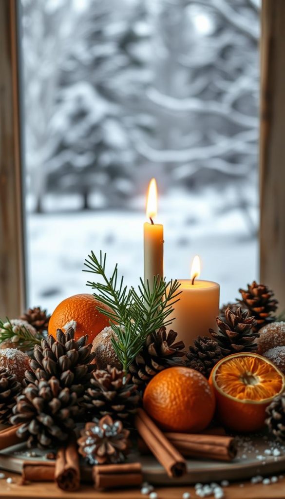 A cozy, rustic winter board from the KlickKiste collection, featuring an array of natural elements against a warm, inviting backdrop. In the foreground, an arrangement of pinecones, dried oranges, and cinnamon sticks. In the middle, a sprig of evergreen and a single flickering candle, casting a soft, golden glow. The background showcases a snowy, out-of-focus winter landscape, hinting at the quiet tranquility of the season. The overall mood is one of hygge, inspiring coziness and contentment. Lit by natural, ambient lighting, this winter board exudes a sense of rustic charm and Pinterest-worthy style.