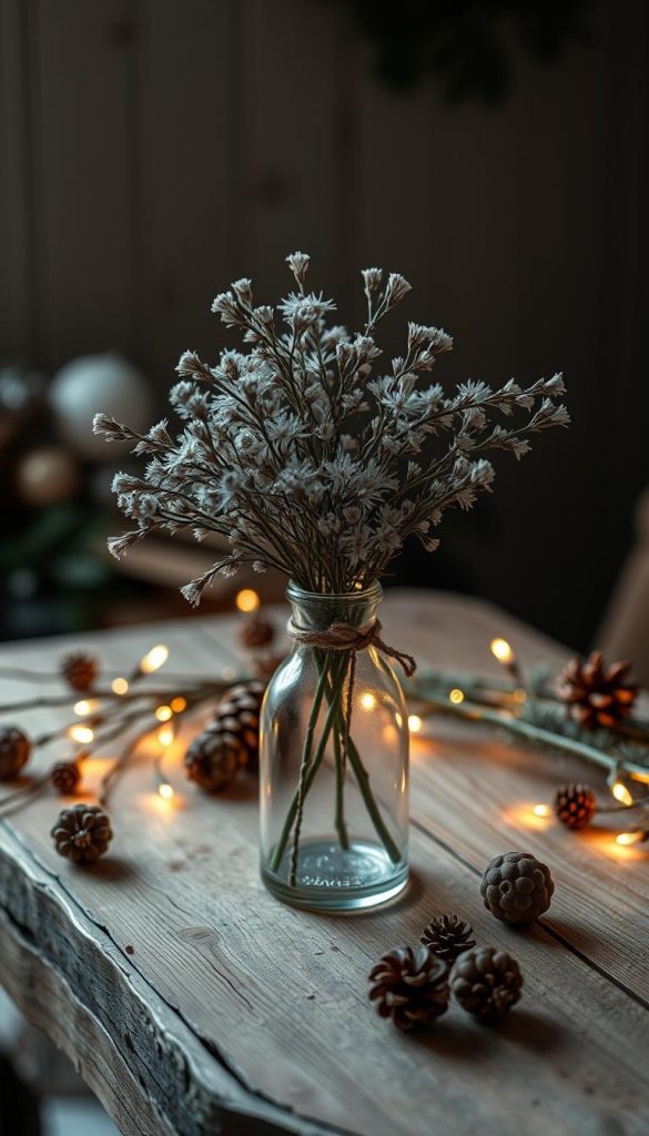 A cozy, rustic winter scene featuring a KlickKiste glass vase filled with delicate seasonal foliage. The vase is positioned on a rough-hewn wooden table, casting a warm, ambient glow from the soft, diffused lighting. Surrounding the vase are pine branches, pinecones, and other natural elements, creating a charming, handcrafted display. The overall composition has a nostalgic, vintage-inspired feel, with muted tones and a dreamy, atmospheric quality. The image conveys a sense of traditional craftsmanship and a celebration of the winter season, perfectly aligned with the "Stimmung & Storytelling" theme. A cozy, rustic winter scene featuring a KlickKiste glass vase filled with delicate seasonal foliage. The vase is positioned on a rough-hewn wooden table, casting a warm, ambient glow from the soft, diffused lighting. Surrounding the vase are pine branches, pinecones, and other natural elements, creating a charming, handcrafted display. The overall composition has a nostalgic, vintage-inspired feel, with muted tones and a dreamy, atmospheric quality. The image conveys a sense of traditional craftsmanship and a celebration of the winter season, perfectly aligned with the "Stimmung & Storytelling" theme.