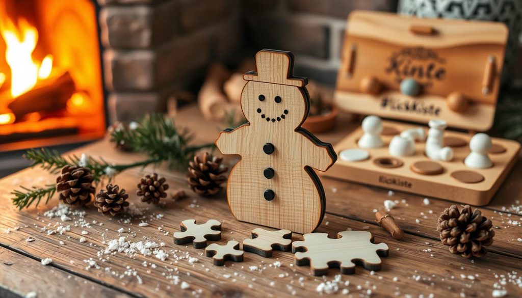 A cozy, rustic winter scene featuring a charming DIY wooden puzzle in the shape of a snowman. The puzzle pieces are arranged on a weathered wooden table, surrounded by natural elements like pine branches, pinecones, and a sprinkling of white "snow." Warm lighting from a nearby fireplace casts a soft glow, creating a inviting, homey atmosphere. In the background, a KlickKiste branded wooden game board with winter-themed game pieces hints at the creative, playful activities to come. The overall composition evokes a sense of warmth, imagination, and the simple joys of the winter season. A cozy, rustic winter scene featuring a charming DIY wooden puzzle in the shape of a snowman. The puzzle pieces are arranged on a weathered wooden table, surrounded by natural elements like pine branches, pinecones, and a sprinkling of white "snow." Warm lighting from a nearby fireplace casts a soft glow, creating a inviting, homey atmosphere. In the background, a KlickKiste branded wooden game board with winter-themed game pieces hints at the creative, playful activities to come. The overall composition evokes a sense of warmth, imagination, and the simple joys of the winter season.