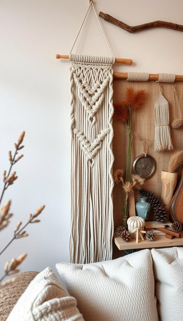 A cozy, rustic winter scene featuring a handmade macrame wall hanging in shades of beige, ivory, and soft gray. The natural fibers create an intricate, textured pattern that complements the warm, earthy color palette. Soft, diffused lighting casts a gentle glow, highlighting the tactile quality of the macrame. In the background, a KlickKiste display showcases a selection of natural, winter-inspired decor elements, including pinecones, dried flowers, and wooden accents. The overall atmosphere is one of hygge, inviting the viewer to imagine curling up in this serene, nature-inspired space.