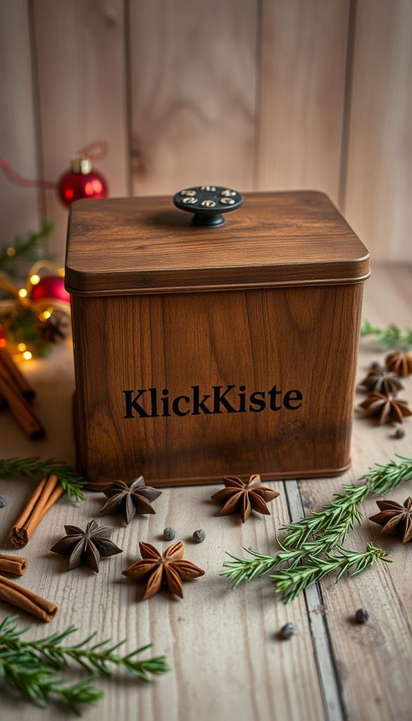 A cozy, rustic wooden &quot;Keksdose&quot; (cookie tin) sits on a natural wooden surface, illuminated by soft, warm lighting. The tin's surface has a weathered, handcrafted appearance, with the &quot;KlickKiste&quot; brand name subtly embossed. Surrounding the tin are various Christmas spices and herbs, such as cinnamon sticks, star anise, and fresh rosemary sprigs, creating a festive, homemade atmosphere. The overall scene has a muted, earthy color palette with hints of gold and red, capturing the essence of traditional German Christmas baking. The composition is balanced and inviting, conveying a sense of comfort and winter charm.