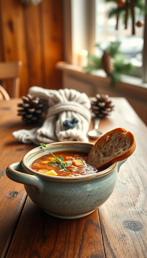 A cozy, rustic wooden table set in a warmly lit kitchen. In the foreground, a beautifully crafted ceramic soup bowl filled with a steaming, hearty winter soup, garnished with fresh herbs and a slice of crusty bread resting on the side. The bowl's surface reflects the light from a nearby window, creating an inviting glow. In the middle, soft, knitted dish towels and a decorative spoon complement the bowl, evoking a sense of home-cooked warmth. The background features blurred hints of winter decorations, like pine cones and evergreen branches, enhancing the winter vibe. The overall atmosphere is warm and inviting, reminiscent of a comforting embrace on a chilly evening. Natural DIY elements with warm colors capture the essence of &quot;KlickKiste.&quot;