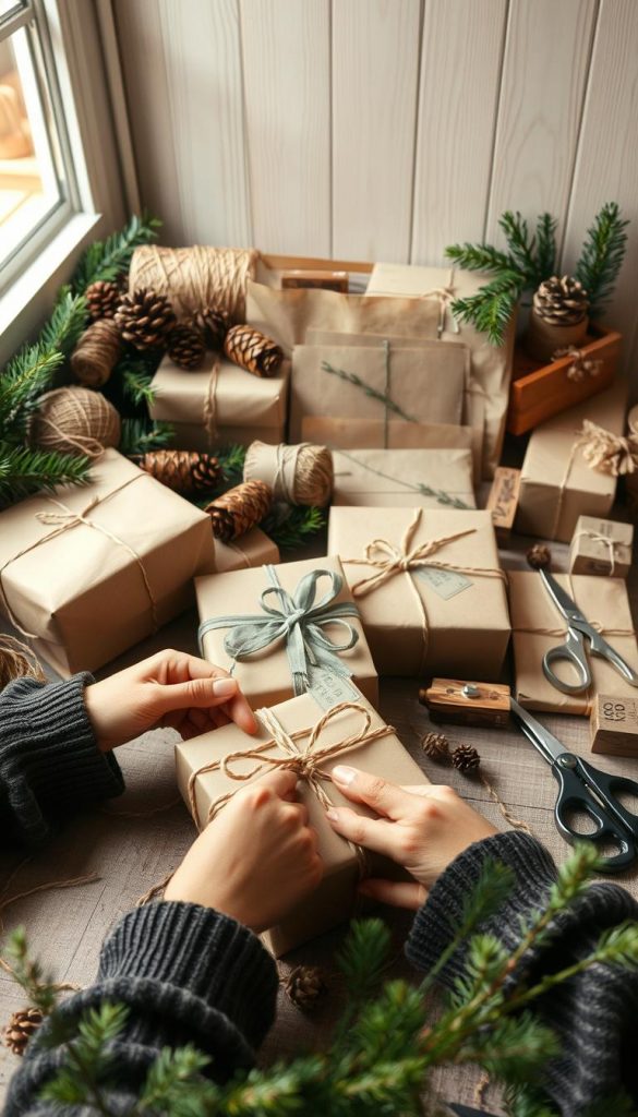 A cozy, rustic workspace showcases an array of sustainable packaging materials - recycled kraft paper, twine, pine cones, and sprigs of greenery. Soft, diffused natural lighting filters through a window, casting a warm glow on the scene. In the foreground, a pair of skilled hands wrap a gift thoughtfully, weaving ribbon and adding a handmade touch. In the middle ground, various tools like scissors and stamping supplies are neatly arranged, ready to transform ordinary items into beautiful, eco-friendly packaging solutions. The background features a minimalist, wooden backdrop, evoking a sense of simplicity and mindfulness. The overall aesthetic is inviting, inspiring, and in harmony with the natural world. A cozy, rustic workspace showcases an array of sustainable packaging materials - recycled kraft paper, twine, pine cones, and sprigs of greenery. Soft, diffused natural lighting filters through a window, casting a warm glow on the scene. In the foreground, a pair of skilled hands wrap a gift thoughtfully, weaving ribbon and adding a handmade touch. In the middle ground, various tools like scissors and stamping supplies are neatly arranged, ready to transform ordinary items into beautiful, eco-friendly packaging solutions. The background features a minimalist, wooden backdrop, evoking a sense of simplicity and mindfulness. The overall aesthetic is inviting, inspiring, and in harmony with the natural world.