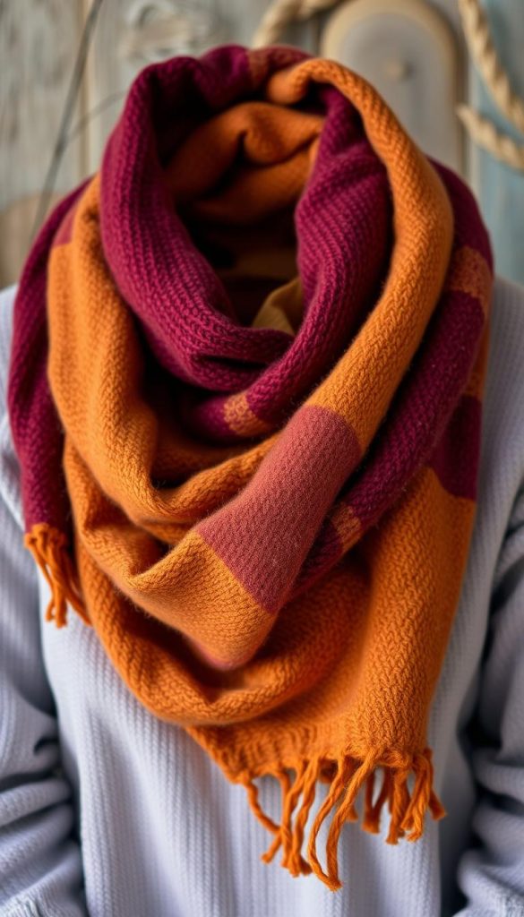 A cozy scarf wrapped snugly around the neck, its soft folds cascading down the chest, creating a warm and inviting silhouette. The fabric's natural texture shimmers with a gentle sheen, as if kissed by winter's frost. Warm hues of burgundy and ochre offer a rustic, homespun charm, evoking a sense of comfort and coziness. Captured in a natural, DIY-inspired setting, the image radiates a Pinterest-worthy aesthetic that is both authentic and inspirational. KlickKiste