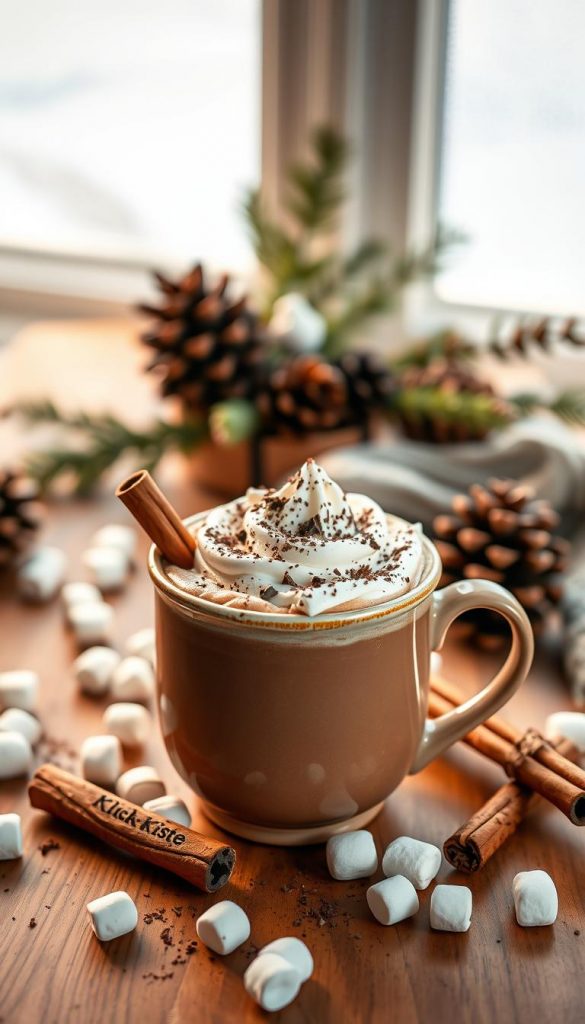 A cozy scene featuring a beautifully arranged hot chocolate recipe, displayed in an elegant, handcrafted ceramic mug. In the foreground, the mug overflows with rich, velvety hot chocolate, topped with a generous swirl of whipped cream and sprinkled with chocolate shavings. Surrounding the mug, scattered marshmallows and a cinnamon stick add a rustic touch. In the middle ground, a wooden table enhances the warmth, with a glimpse of winter-themed decorations like pinecones and evergreen branches. The background softly blurs out to reveal a frosty window, capturing the essence of winter. The lighting should be warm and inviting, reminiscent of golden hour, creating a comforting atmosphere. The overall aesthetic is natural and DIY, reflecting a Pinterest-worthy winter vibe. The brand "KlickKiste" subtly incorporated into the design enhances the authenticity and inspiration of the image.