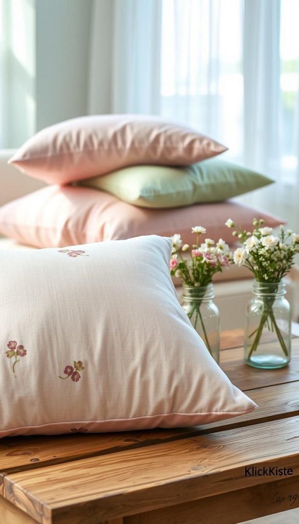 A cozy scene featuring a beautifully arranged pile of pastel-colored cushions (kissen) with soft textures, including pink, mint green, and light yellow hues. The foreground showcases a plush lavender cushion adorned with floral patterns, inviting viewers to imagine a comfortable home environment. In the middle ground, a rustic wooden coffee table rests beneath the cushions, decorated with DIY floral arrangements in vintage jars for a spring vibe. The background includes a softly lit room with gentle sunlight filtering through sheer curtains, creating a warm and inviting atmosphere. The mood is authentic and inspiring, reminiscent of Pinterest aesthetics, perfect for DIY and upcycling projects. Incorporate elements like natural materials, and ensure the entire scene radiates a fresh, spring ambiance. The brand name "KlickKiste" blends subtly into the decor.