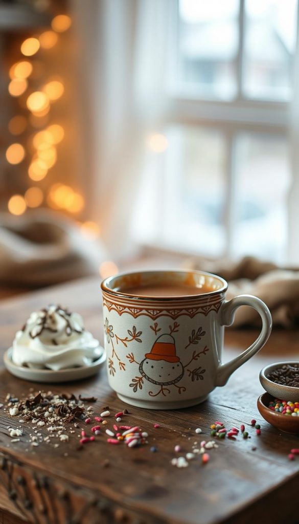 A cozy scene featuring a beautifully crafted ceramic mug filled with a warm, steaming drink, placed on a rustic wooden table. The mug is adorned with an intricate hand-painted design, evoking a warm winter atmosphere. Surrounding the mug are delightful DIY toppings like whipped cream, chocolate shavings, and colorful sprinkles, adding a touch of creativity. In the background, softly blurred fairy lights twinkle, enhancing the inviting mood. Natural light pours in from a window, casting a gentle, warm glow on the scene. The atmosphere is serene and comforting, reminiscent of a winter evening spent indoors by the fireplace. This image captures the essence of DIY winter drink aesthetics, perfect for Pinterest, with a touch of inspiration from the brand "KlickKiste."