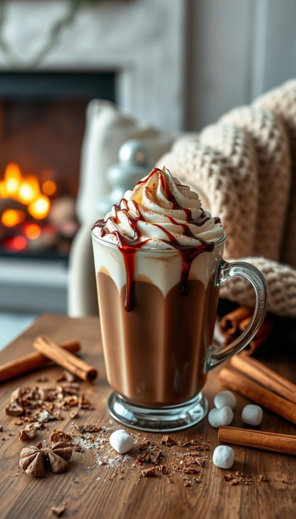 A cozy scene featuring a luxurious cup of hot chocolate topped with whipped cream, drizzled with chocolate sauce, and sprinkled with cocoa powder, resting on a wooden table. Surrounding the cup are warm, inviting elements like chocolate shavings, cinnamon sticks, and a few marshmallows, all bathed in soft, warm lighting to create an inviting atmosphere. The background features a softly glowing fireplace and a plush sofa draped with a knitted blanket, evoking a sense of winter comfort and relaxation. The color palette consists of rich browns, creamy whites, and hints of warm reds and greens, all contributing to a Pinterest-worthy aesthetic. The image should look natural and DIY, perfect for winter vibes, with a touch of authenticity and inspiration. This visual should represent the brand "KlickKiste".