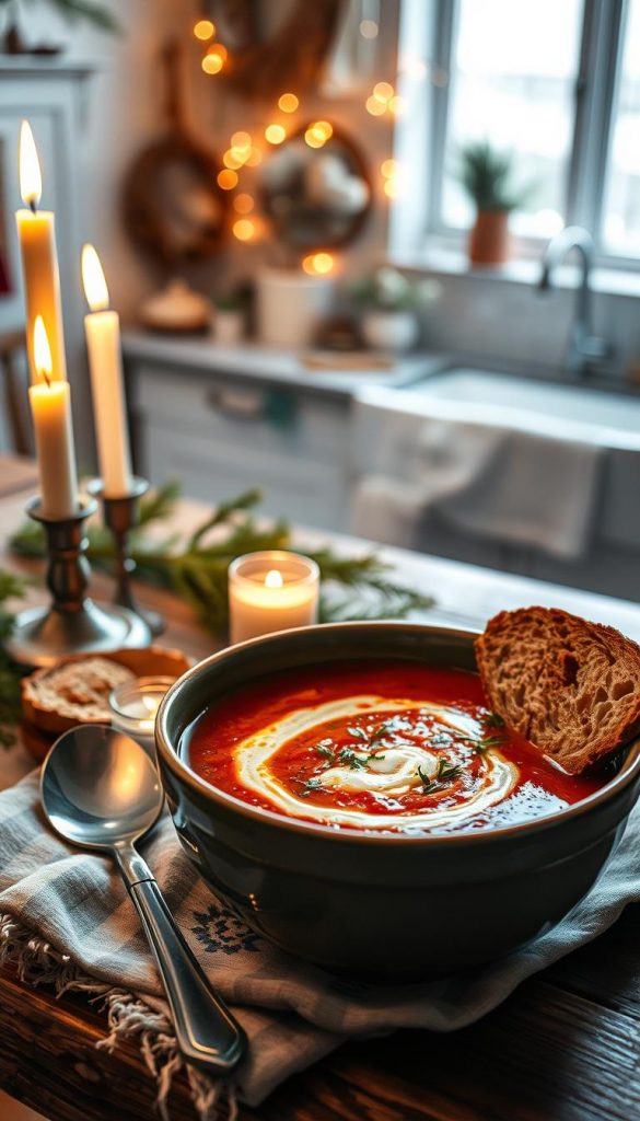 A cozy scene featuring a steaming bowl of rich, hearty winter soup, nestled on a rustic wooden table. In the foreground, the richly colored soup, adorned with herbs and a swirl of cream, exudes warmth. Beside it, a slice of crusty bread rests on a patterned napkin, inviting a sense of home-cooked comfort. In the middle ground, gently flickering candlelight casts a soft glow, enhancing the atmosphere. The background shows a softly lit kitchen with winter-themed decor, such as pine branches and fairy lights, creating a serene, Pinterest-worthy vibe. Natural light streams in from a nearby window, accentuating the warm tones. The overall mood is inviting and heartwarming, embodying the essence of cozy winter dinners at home. Inspired by KlickKiste.