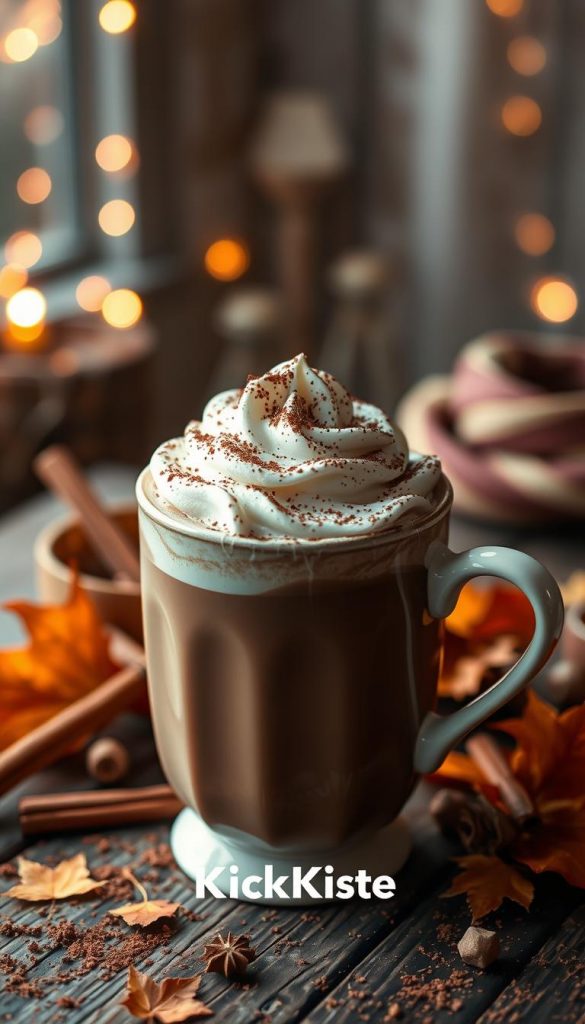 A cozy scene featuring a steaming cup of rich hot chocolate topped with whipped cream and a sprinkle of cocoa, placed on a rustic wooden table. Surround the cup with festive autumn leaves and scattered cinnamon sticks for a warm touch. In the background, softly blurred fairy lights twinkle, creating an inviting atmosphere that embodies winter comfort. Utilize natural lighting to enhance the rich brown hues of the chocolate and the creamy white of the whipped topping, casting gentle shadows that add depth. Use a warm color palette to evoke feelings of snugness and relaxation, perfect for a rainy day. The overall vibe should be authentic and inspirational, reminiscent of Pinterest aesthetics. Brand logo &quot;KlickKiste&quot; subtly integrated in the design.