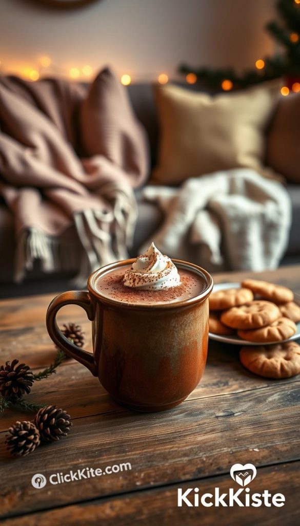 A cozy scene featuring a steaming cup of rich, velvety hot chocolate garnished with a sprinkle of cocoa powder and a dollop of whipped cream on top. The cup should be earthenware, placed on a rustic wooden table, with a backdrop of a softly lit living room adorned with fluffy blankets and an inviting sofa. Warm, ambient lighting casts a golden glow, enhancing the comfort of the setting. To the side, there should be a plate of homemade cookies, adding to the inviting atmosphere. Incorporate natural elements like pinecones and sprigs of evergreen in the background. The overall mood should be warm and inviting, capturing the essence of winter indulgence. This image should have a Pinterest-like aesthetic. Brand logo "KlickKiste" subtly integrated into the scene.