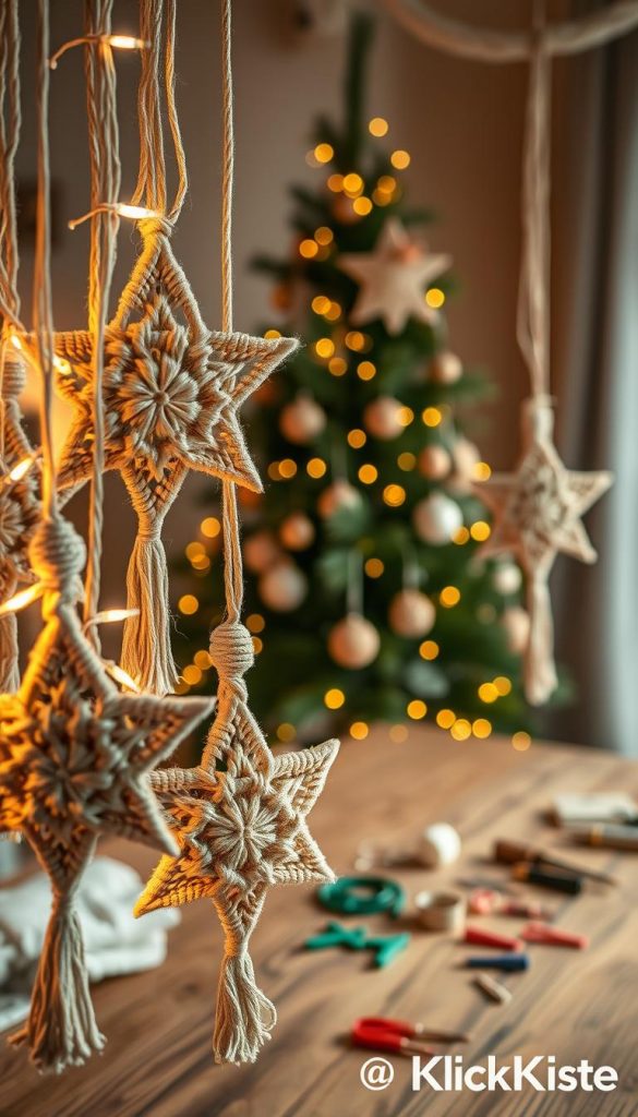 A cozy scene featuring beautifully crafted macrame stars, intricately designed with natural fibers hanging delicately among soft, twinkling fairy lights. In the foreground, a close-up of a few macrame stars showcasing their detailed knots and patterns, exuding handmade charm. In the middle ground, a backdrop of a softly decorated Christmas tree adorned with additional macrame ornaments, creating a warm and inviting holiday atmosphere. The background should depict a softly lit, rustic wooden table with a few scattered craft supplies, accentuating the DIY spirit of the season. The scene is illuminated by warm, ambient lighting, evoking feelings of warmth and creativity. Capture the essence of natural DIY aesthetics with a Pinterest-inspired look, promoting authenticity and inspiration. Brand name "KlickKiste" subtly integrated into the scene.
