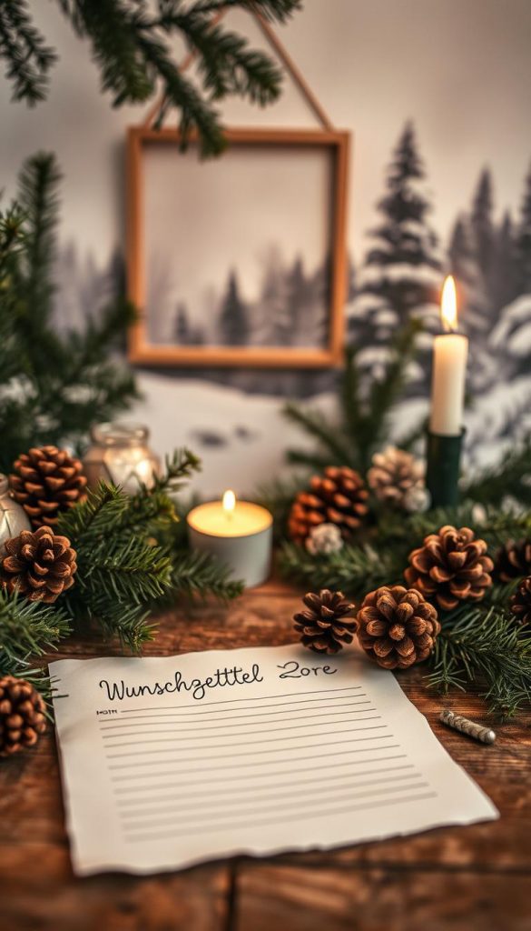 A cozy scene of a &amp;quot;Wunschzettel&amp;quot; nestled among seasonal foliage. In the foreground, a handwritten wish list sits on a rustic wooden surface, the paper's edges slightly worn. Surrounding it, sprigs of evergreen, pinecones, and a single candle flicker, casting a warm, intimate glow. In the middle ground, a minimalist, Scandinavian-inspired frame hangs, its simple lines complementing the natural textures. The background features a softly blurred winter landscape, hinting at snow-dusted trees and a muted, overcast sky. The overall composition exudes a sense of hygge, inviting the viewer to pause and reflect on their own holiday dreams. KlickKiste