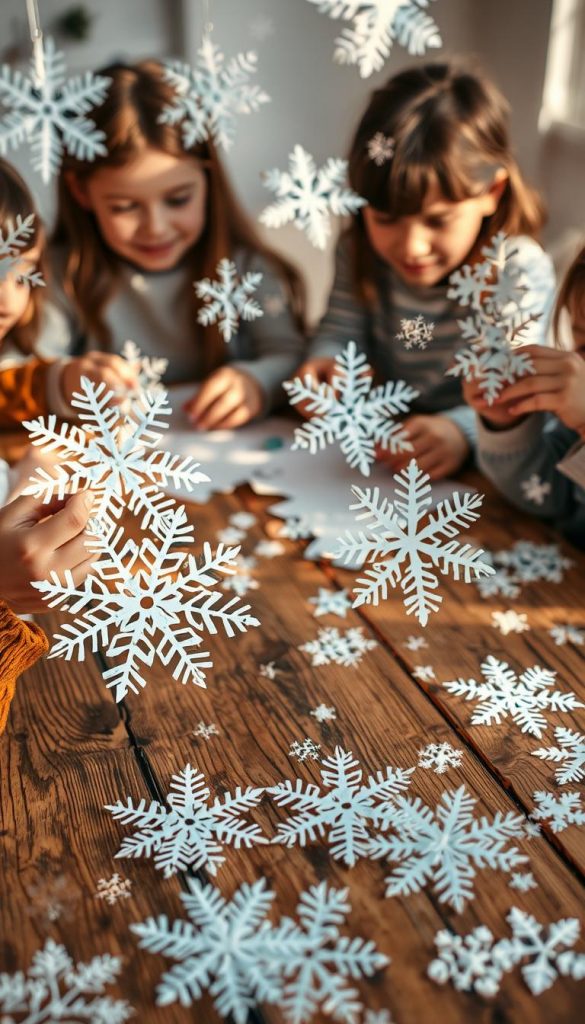 A cozy scene of a family crafting paper snowflakes together. Soft, natural lighting casts a warm glow over the KlickKiste art supplies scattered on a rustic wooden table. Delicate snowflakes in shades of white and blue float through the air, mirroring the intricate paper cutouts in the foreground. Children's hands carefully shape the fragile flakes, their faces alight with concentration and creativity. Translucent vellum paper provides a translucent, ethereal backdrop, evoking a sense of wonder and winter magic. An intimate, authentic moment of quality time spent making sustainable holiday decor.