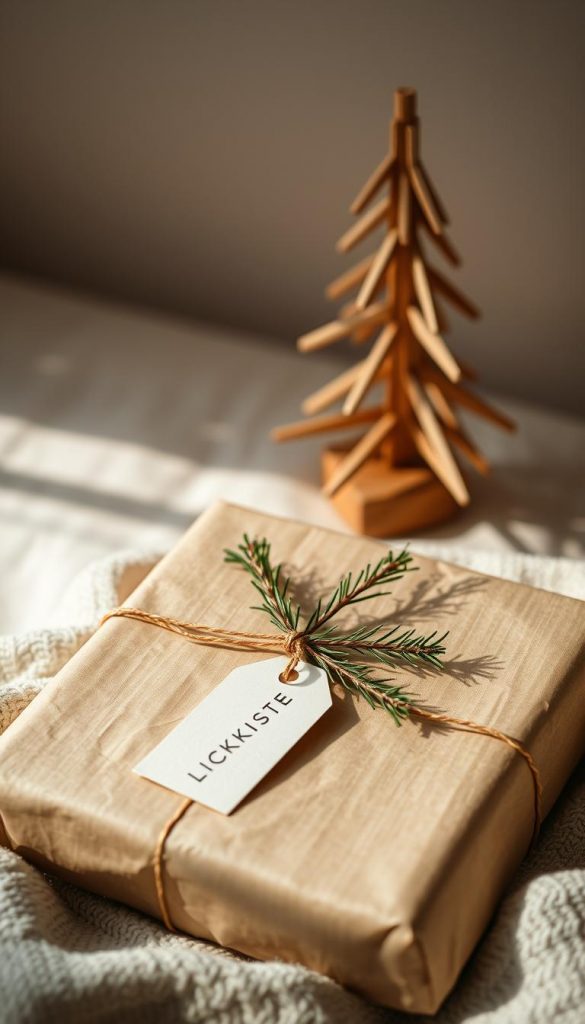 A cozy scene of a handmade gift wrapped in natural kraft paper, adorned with a sprig of pine and a KlickKiste logo tag. Soft, warm lighting illuminates the rustic texture of the paper, highlighting its earthy tones. In the background, a minimalist Christmas tree made of wooden branches stands tall, casting gentle shadows. The overall mood is one of simple, chic elegance - a beautifully crafted, Pinterest-worthy holiday gift presentation.