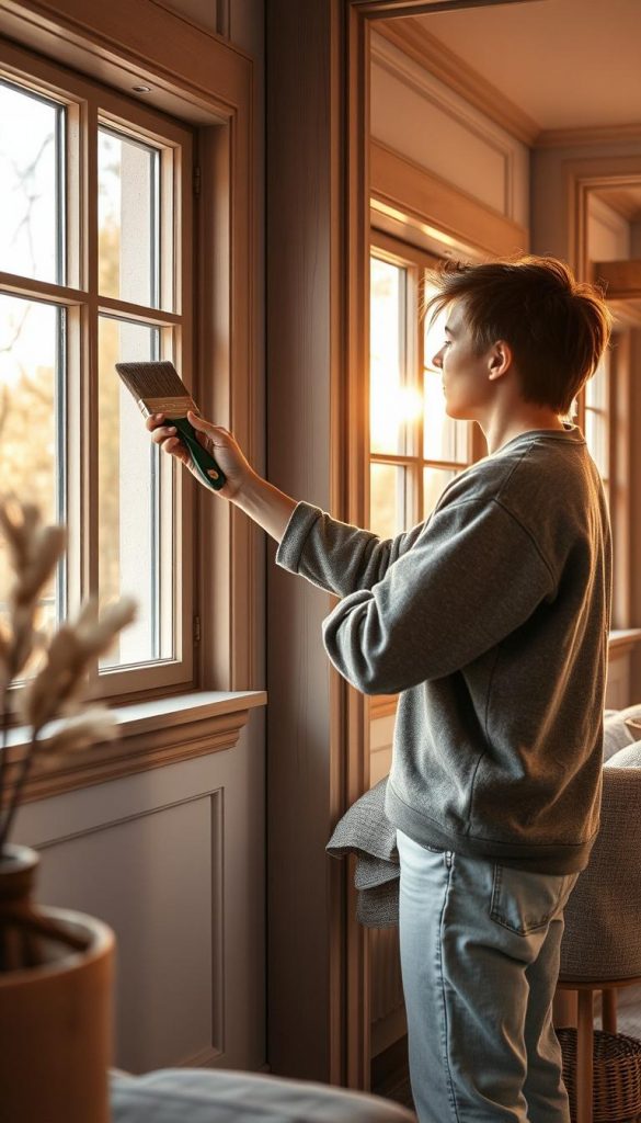 A cozy scene of a person meticulously painting wooden wall trim, the &quot;Leisten&quot;, in a warm, inviting interior. Soft, natural lighting filters through large windows, casting a golden glow across the space. Muted earth tones and natural textures, like the wood grain, create a serene, rustic ambiance. The painter, wearing comfortable, casual attire, is focused on their task, applying smooth, even strokes with a high-quality brush from the KlickKiste brand. The image captures the simple pleasure and satisfying results of this small, yet impactful DIY project, perfect for refreshing a festive room.