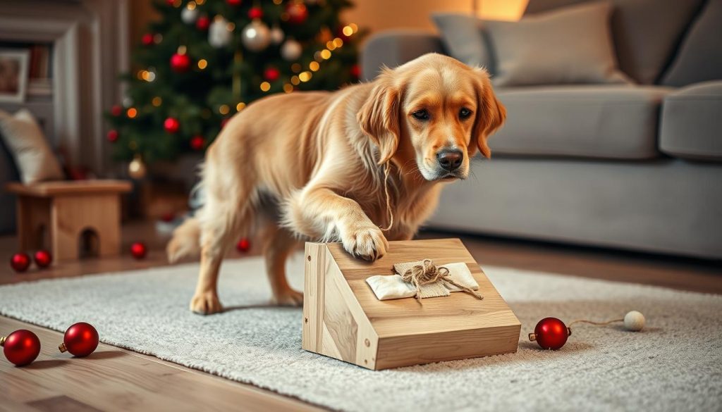 A cozy scene of a playful golden retriever dog with a homemade toy made from a KlickKiste box and natural materials. The dog stands in a warm, softly lit living room, surrounded by a sprinkling of red Christmas ornaments and a partially visible Christmas tree. The toy is a simple yet engaging puzzle, crafted from smooth wood, twine, and fabric scraps, encouraging the dog to paw, nudge, and investigate. Soft, muted tones of beige, white, and natural wood create a serene, inviting atmosphere, perfect for a DIY dog toy project under the Christmas tree. A cozy scene of a playful golden retriever dog with a homemade toy made from a KlickKiste box and natural materials. The dog stands in a warm, softly lit living room, surrounded by a sprinkling of red Christmas ornaments and a partially visible Christmas tree. The toy is a simple yet engaging puzzle, crafted from smooth wood, twine, and fabric scraps, encouraging the dog to paw, nudge, and investigate. Soft, muted tones of beige, white, and natural wood create a serene, inviting atmosphere, perfect for a DIY dog toy project under the Christmas tree.