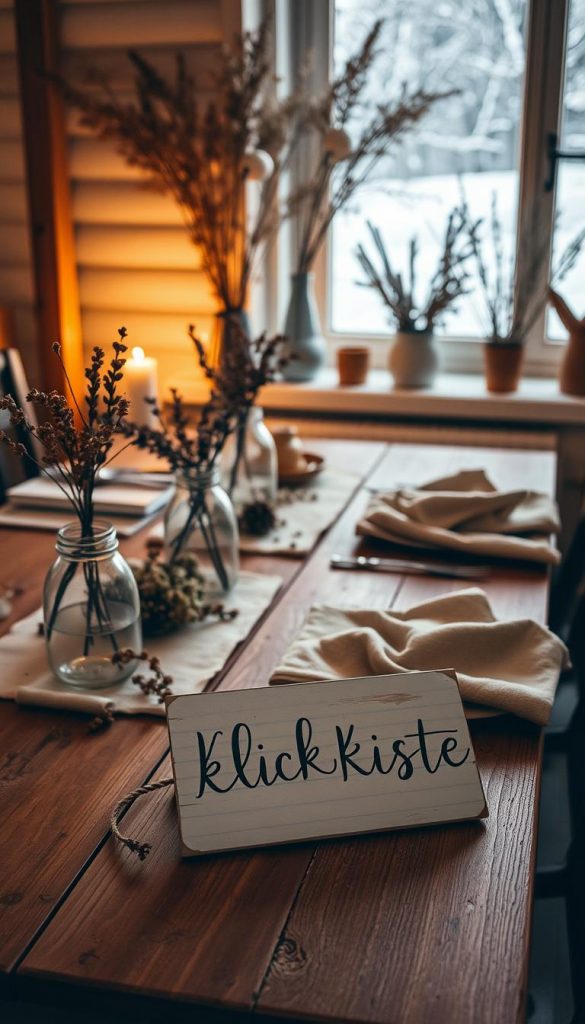 A cozy scene of a rustic wooden table set with natural linen, dried flowers, and simple DIY decor. Warm lighting casts a soft glow, accentuating the earthy tones and textures. In the foreground, a handwritten sign reads &quot;KlickKiste&quot; in calligraphy. The background features a windowsill with more dried botanicals and a view of a snowy winter landscape beyond. The overall mood is welcoming, intimate, and Pinterest-inspired.